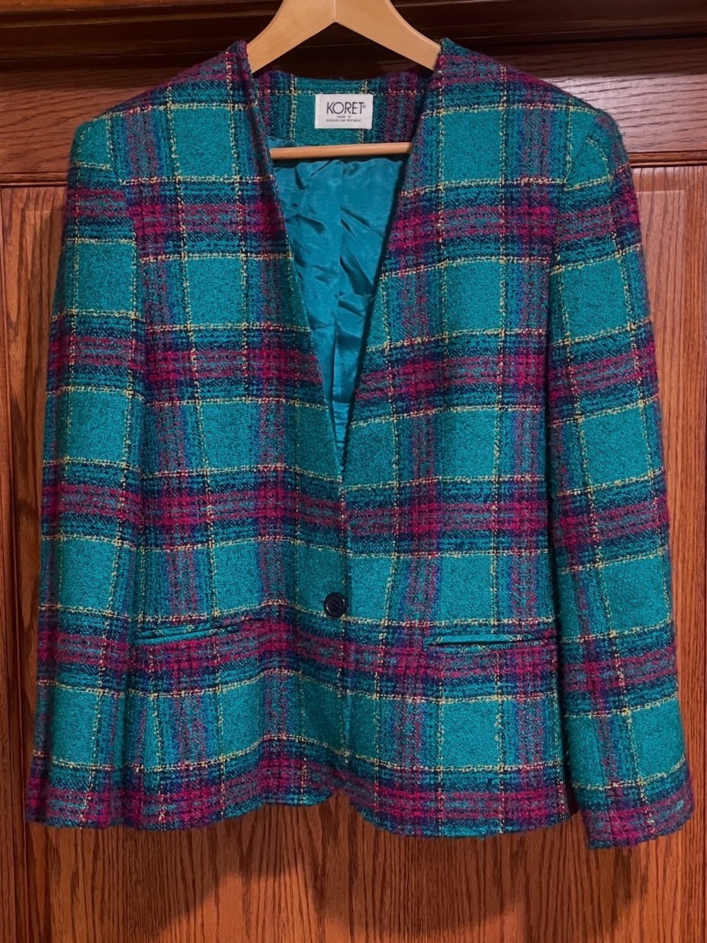 Vintage 80s Koret Plaid Wool Blend Tweed Blazer Jacket Size 10 Retro Career Glam - Picture 2 of 16